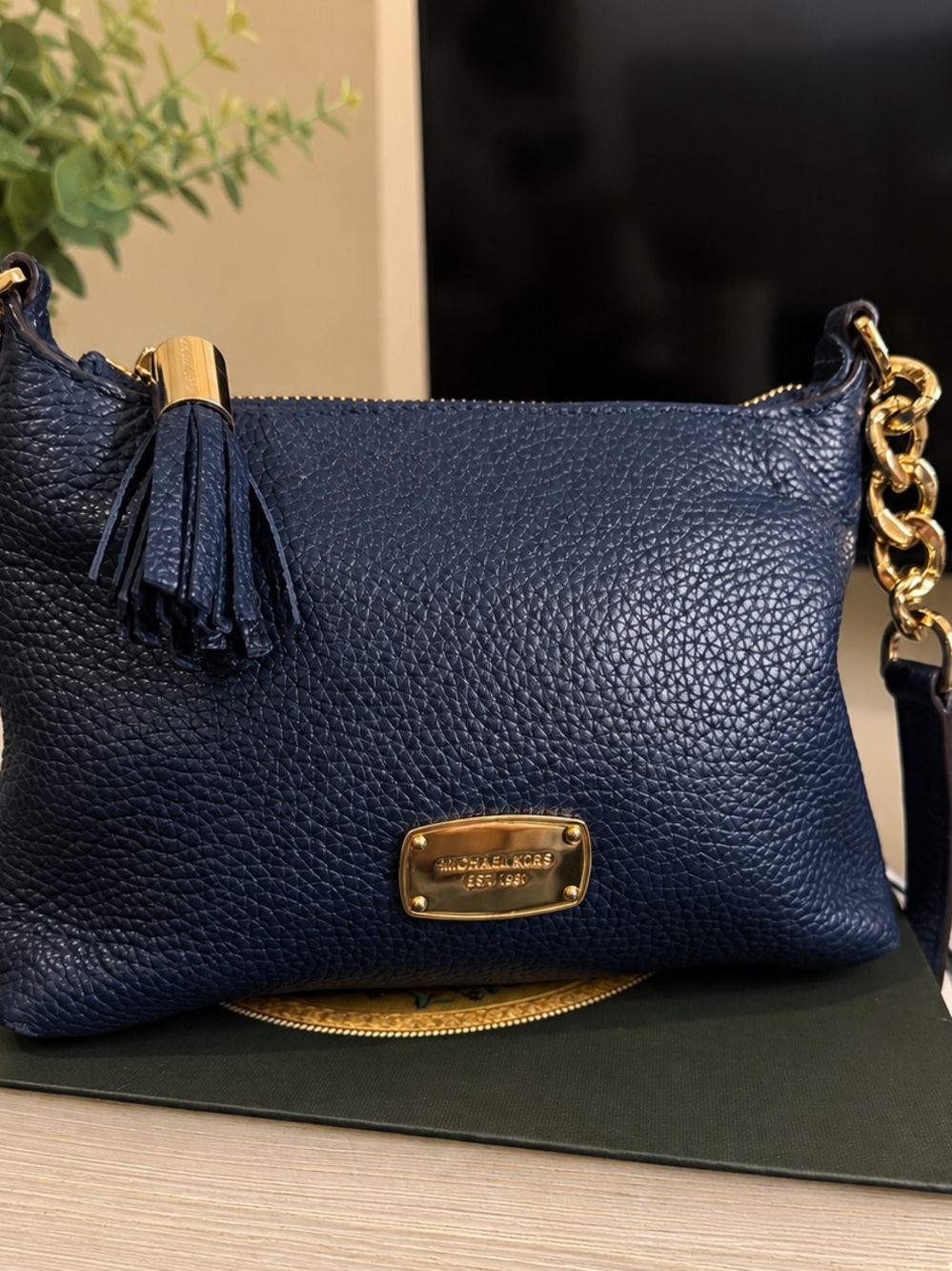 Michael Kors BedfordNavy Pebbled Leather Crossbody with Tassel and Gold Hardware